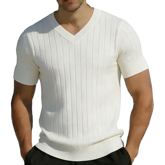 hlysgo Men's V Neck Shirts Short Sleeve Sweater Shirt Casual Ribbed Pullover Breathable T Shirt White,XL