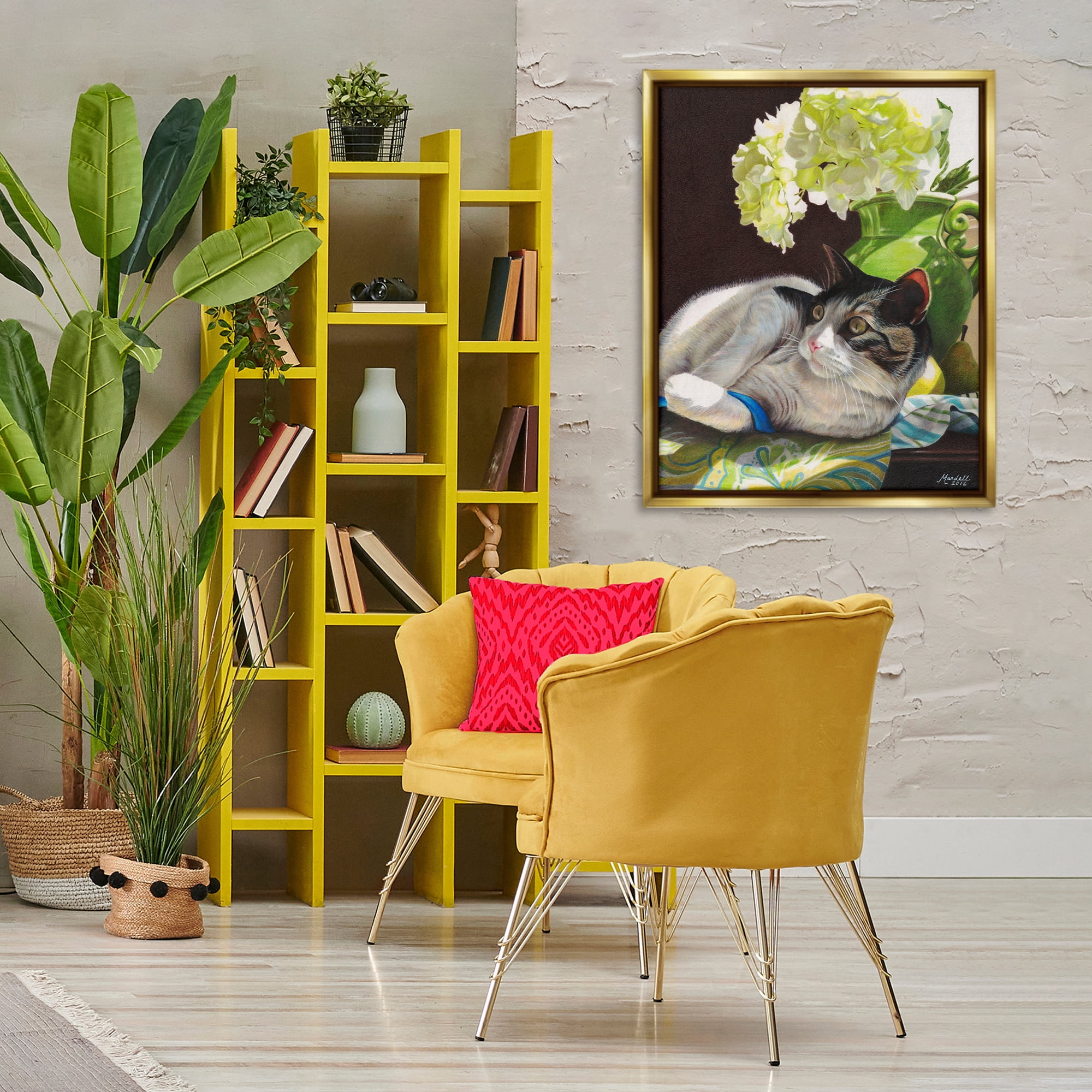 Stupell Industries Cat & Blue Ribbon Animals & Insects Painting Gold Floater Framed Canvas Art Print Wall Art, 25 x 31