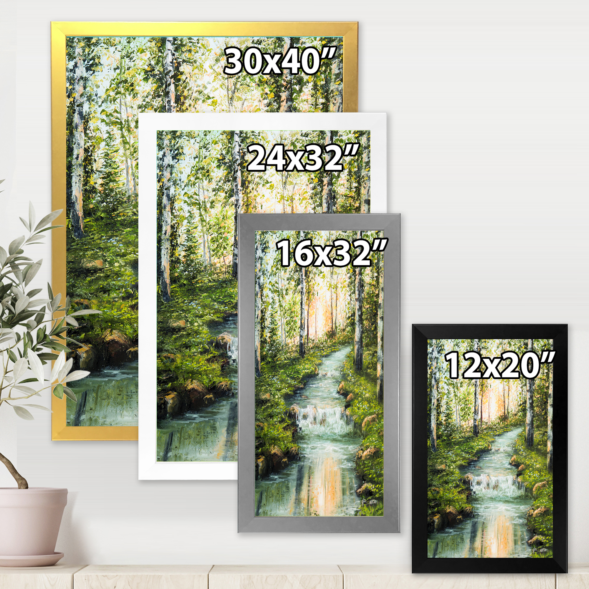 Designart 'River Through Green Birch Forest' Lake House Framed Art Print