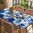 thumbnail image 3 of Blue Flowers Table Cloths for 6 Foot Rectangle Tables, Spring Watercolor Leaves Floral Plants Patio Waterproof Elastic Fitted Tablecloths, Washable Rectangular Table Cover for Camping, 3 of 8