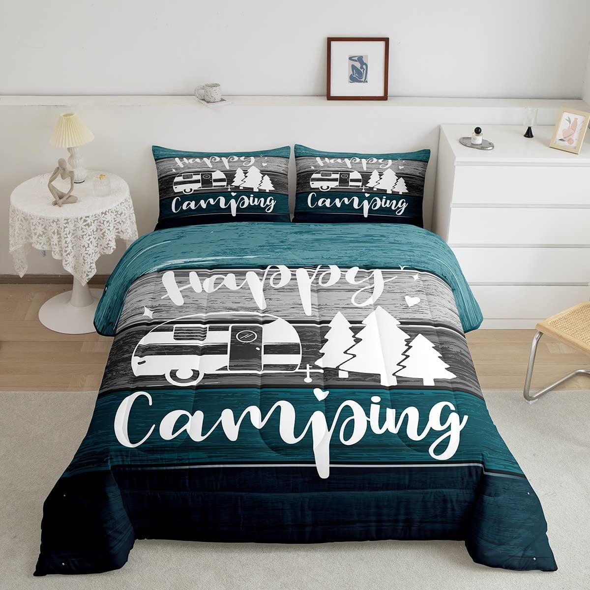 GDAKE Trailers Camper Decorations Queen Comforter Set,Happy Camping
