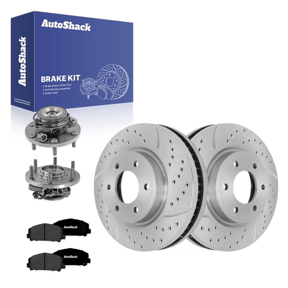 AutoShack Front Brake Rotors, Premium Pads & Hub Bearing Assemblies for Nissan, TITAN 2008-2010, 4WD RWD V8 5.6L - Silver Zinc Coated Drilled & Slotted - SilverShield Pro - 13.77" (349.7 mm), 6-Lug