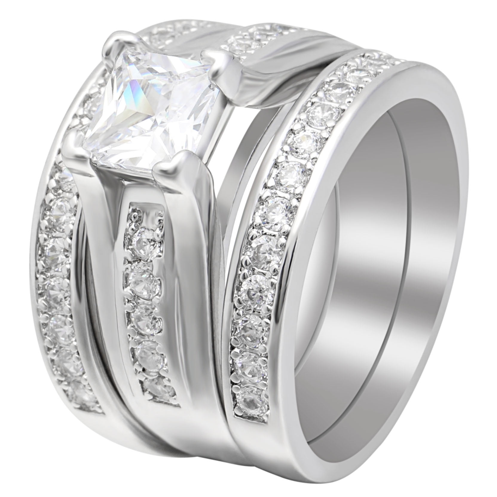Adora 3Pc Halo Pave Wedding Engagement Ring Blk Band Set Ginger Lyne Collection