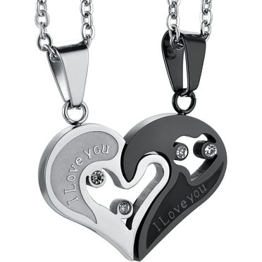 Stainless Steel Mens Womens Couple Necklace Pendant Love Heart CZ Puzzle Matching