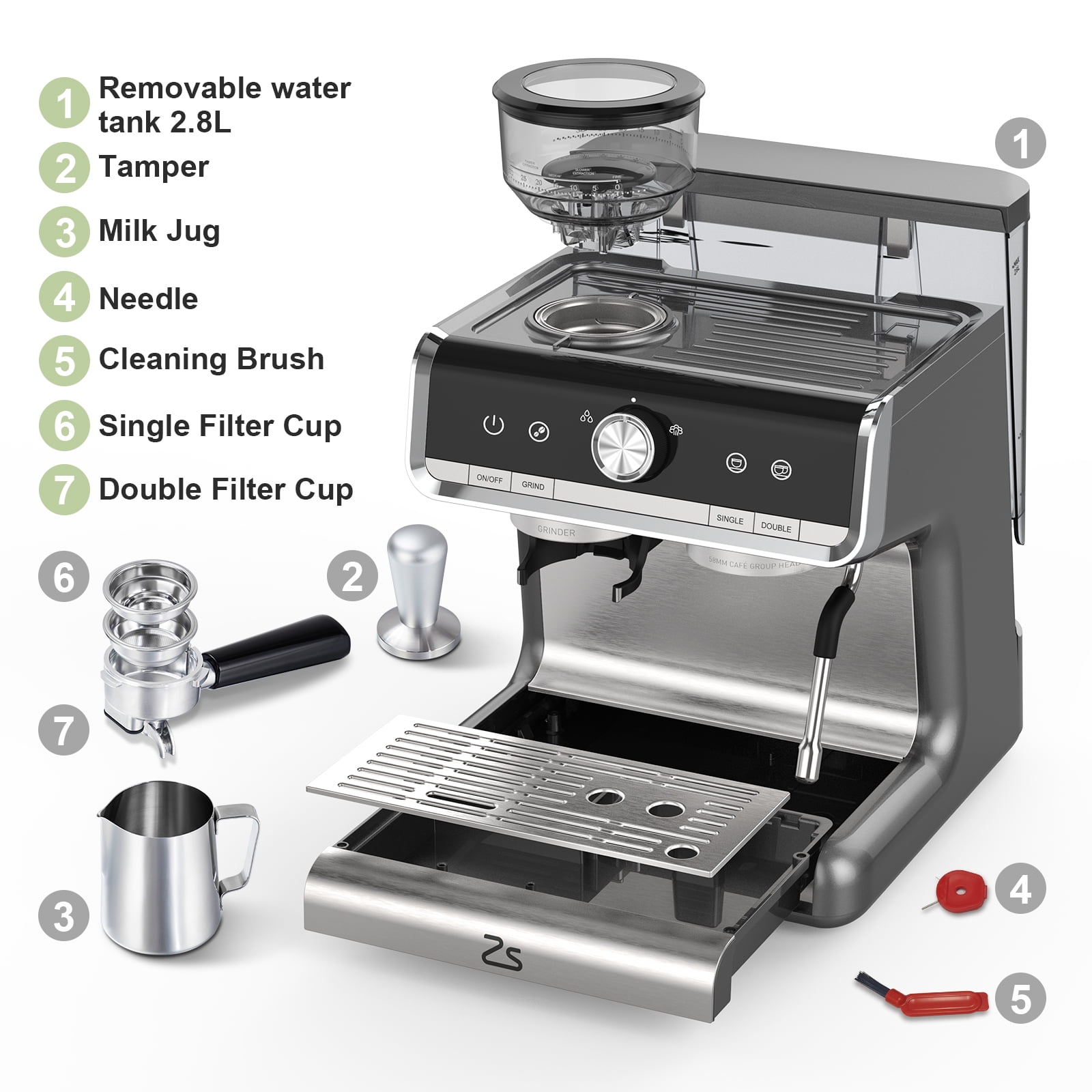 20 Bar Semi-Automatic Espresso Machine with Built-in Grinder & Milk Frother, 2.8L Removable Water Tank for Cappuccino, Latte, Home and Office Use