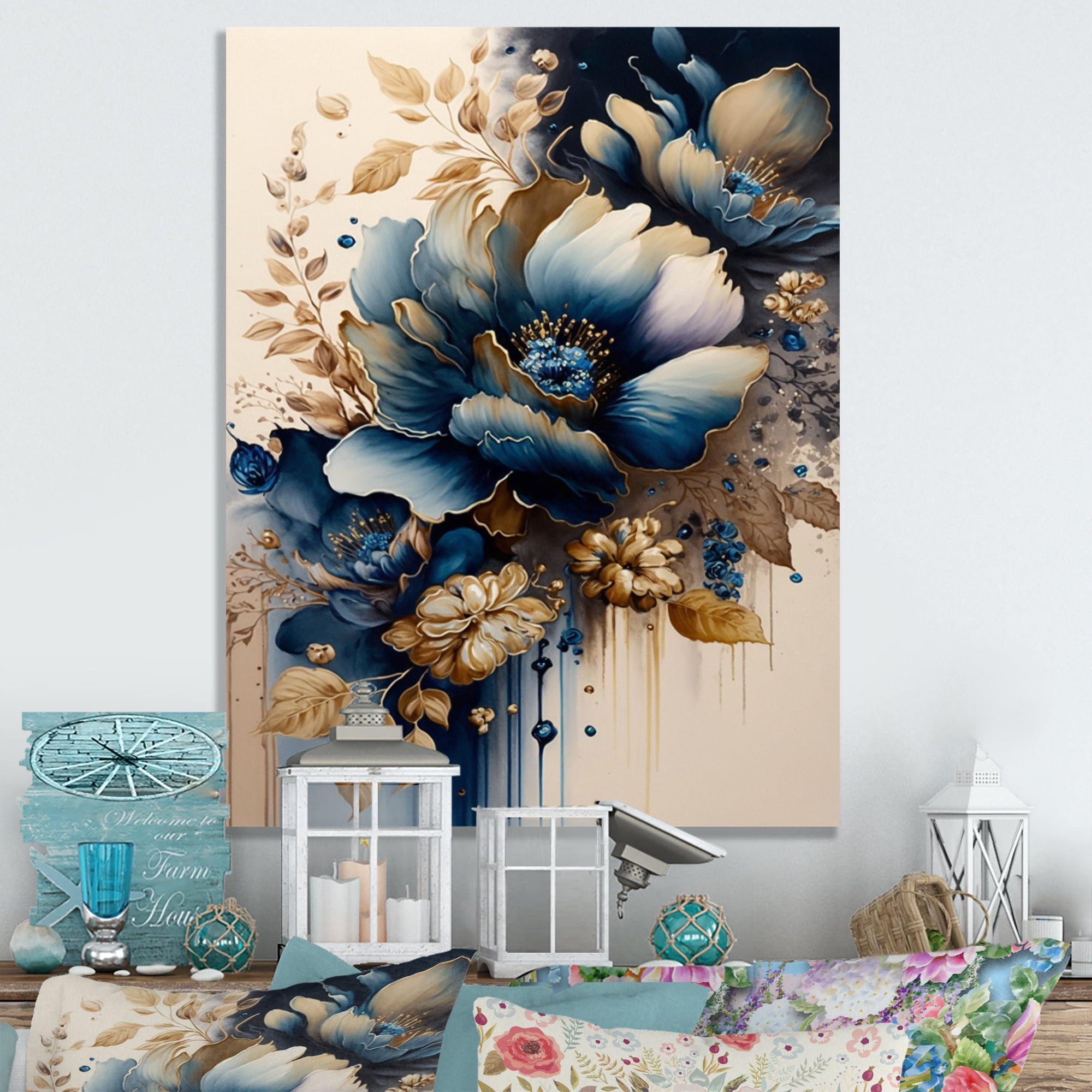 Designart Blue And Gold Floral Bunch III Canvas Wall Art