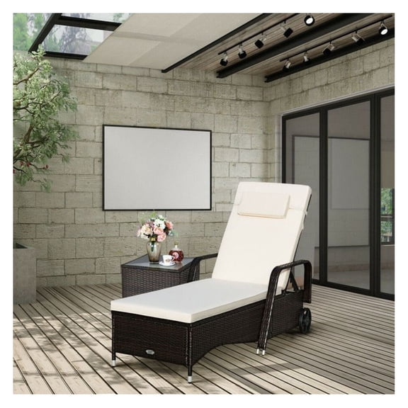 Wicker Chaise Lounge Chair with Wheels, Adjustable Reclining Patio Daybed with Cushions, Outdoor Lounge Chair for Poolside, Beach, Garden, Brown