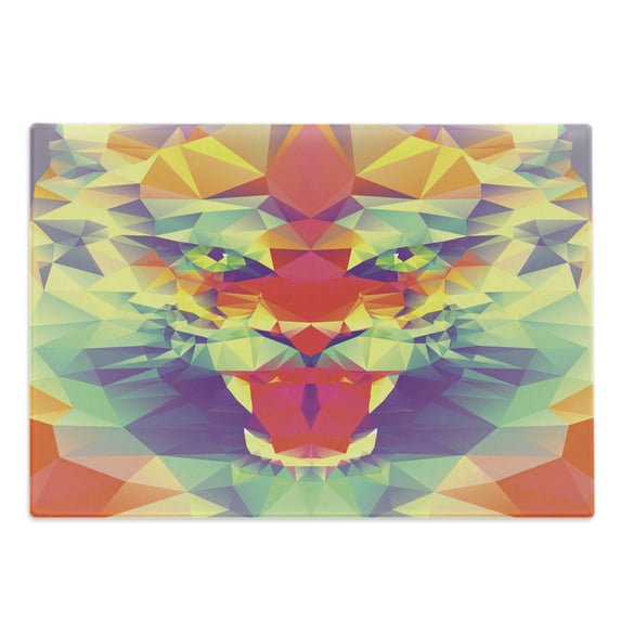 Safari Cutting Board, Polygonal Lion Face with Geometric Shades and Effects Exotic King of Jungle Theme, Decorative Tempered Glass Cutting and Serving Board, Large Size, Multicolor, by Ambesonne