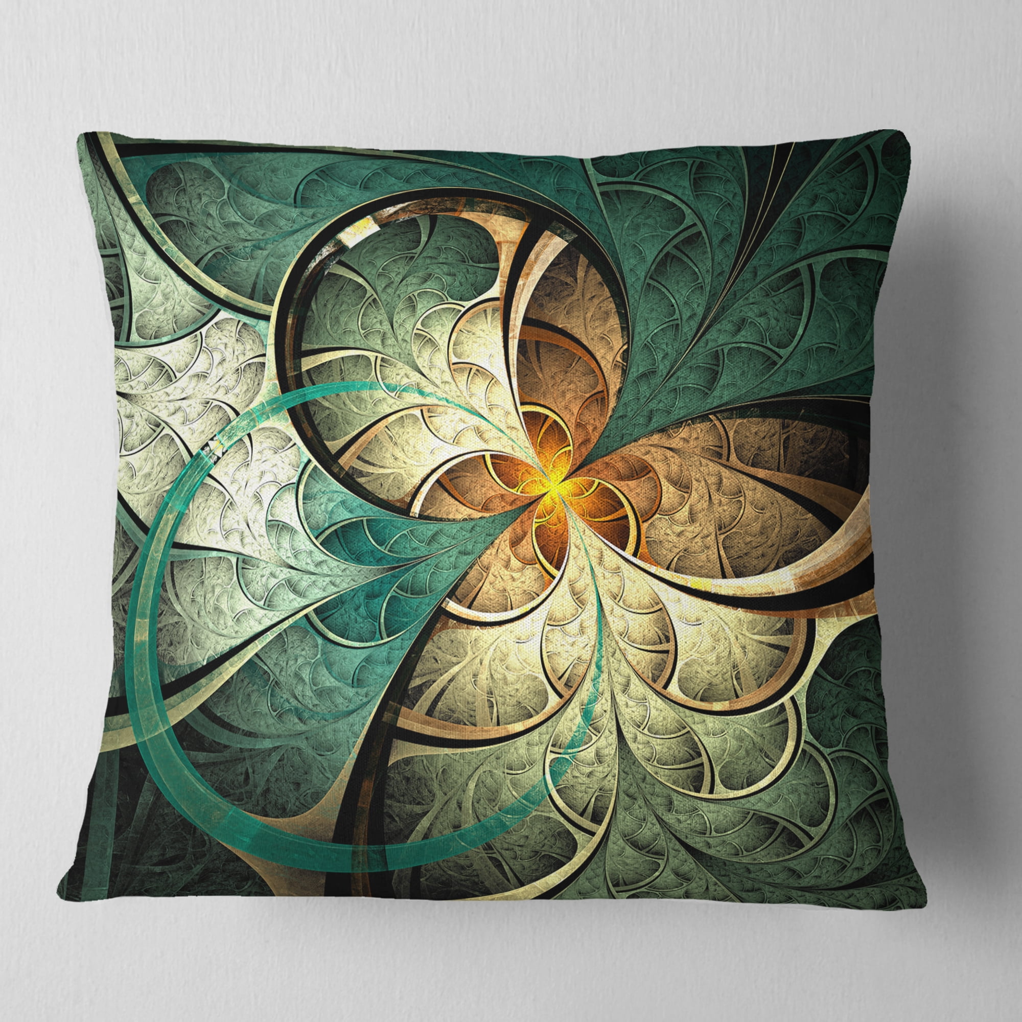 Designart Dark Yellow Green Fractal Flower - Abstract Throw Pillow - 16x16