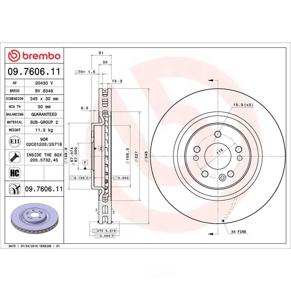 Brembo 09.7606.11 BRAKE ROTORS Fits select: 2000-2001 MERCEDES-BENZ ML 430, 2002-2005 MERCEDES-BENZ ML 500