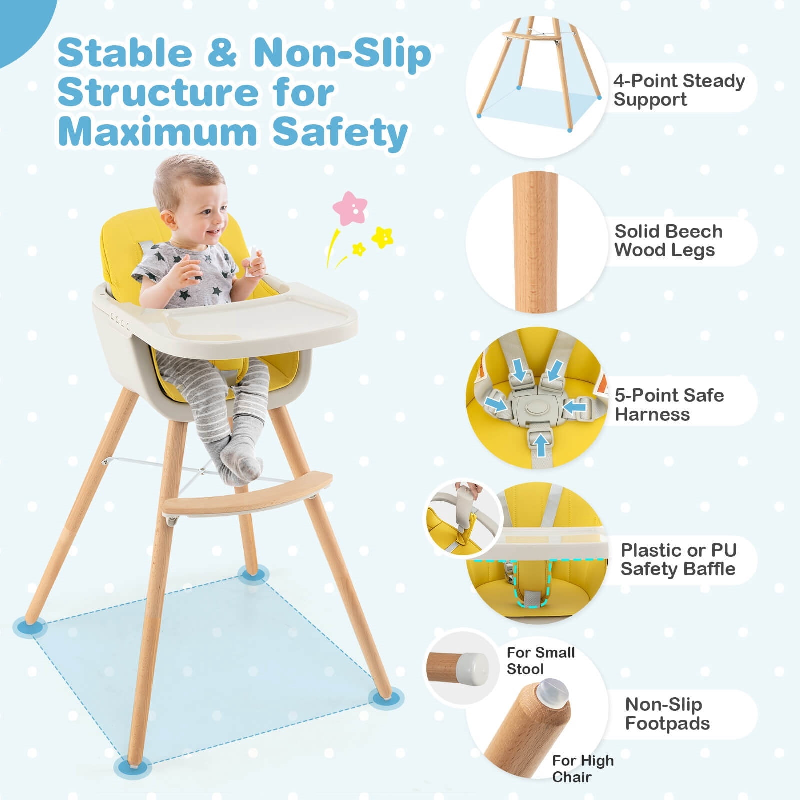 Infans 3 in 1 Convertible Wooden High Chair Baby Toddler w/ Cushion Yellow