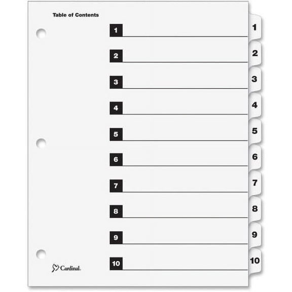 Cardinal OneStep Numbered Index System 10 x Divider(s) - Printed Tab(s) - Digit - 1-10 - 10 Tab(s)/Set - 9" Divider Width x 11" Divider Length - Letter - 8 1/2" Width x 11" Length - 3 Hole Punched - W