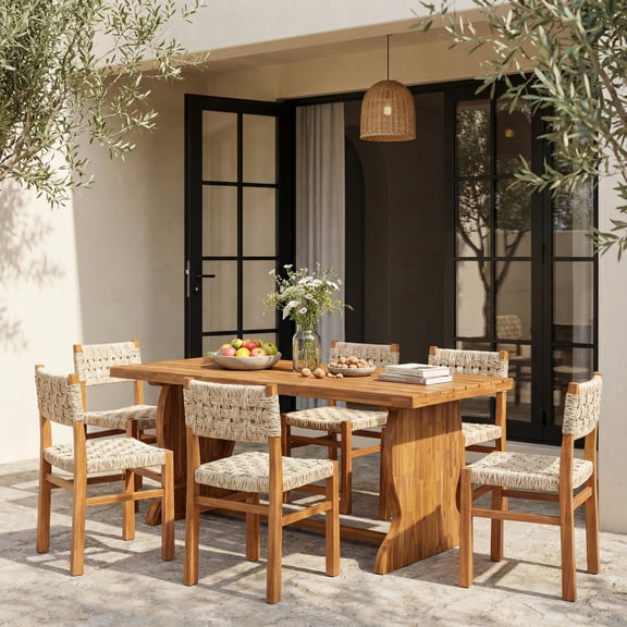 Christopher Knight Home 7-Piece Outdoor Wood Dining Set, 70" Natural Stained Table and Light Gray Wicker Chairs