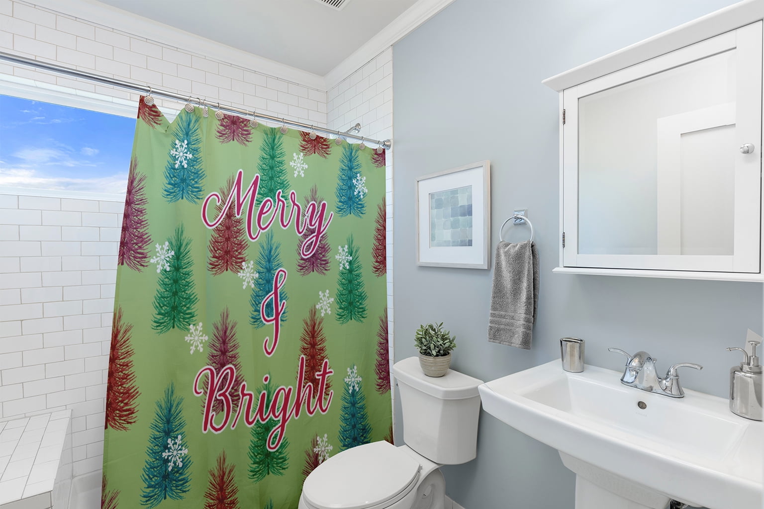 Simply Daisy 70" W x 73" L Merry and Bright Polyester Shower Curtain, Light Green [1 Ct]