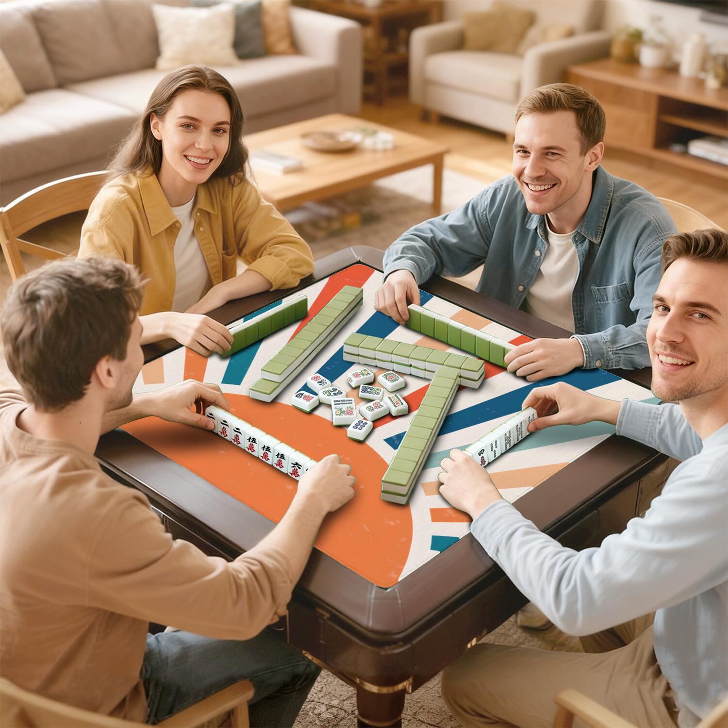 Square Boho Mahjong Mat 31.5x31.5 Inches, Professional Rubber Non-Slip Game Pad with Noise Reduction, Perfect for Card Games Tile Games and Board Games