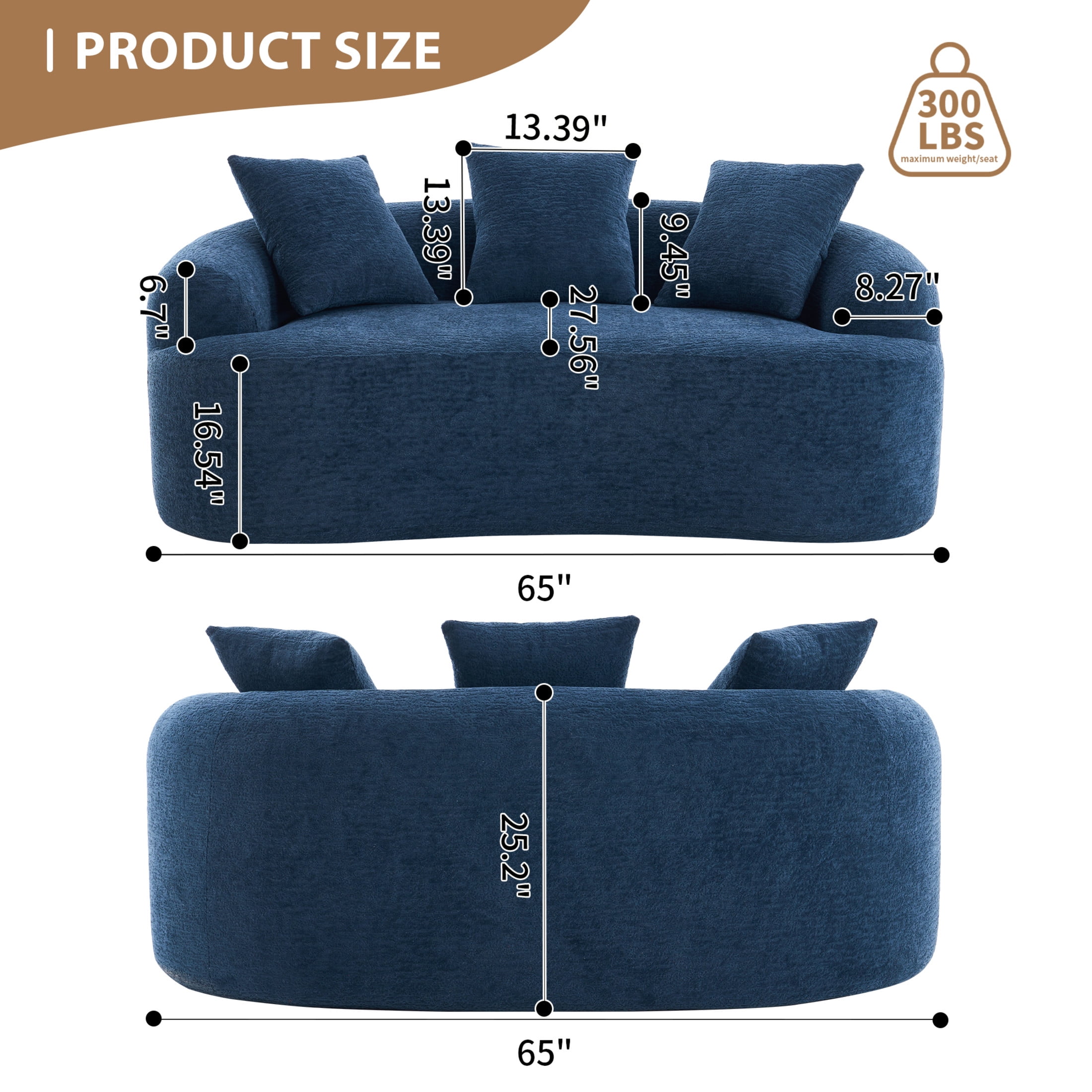 Noble House Arlyn 65" Curved Loveseat Sofa with Pillows, Chenille Compact Compression Couch for Small Spaces, Blue
