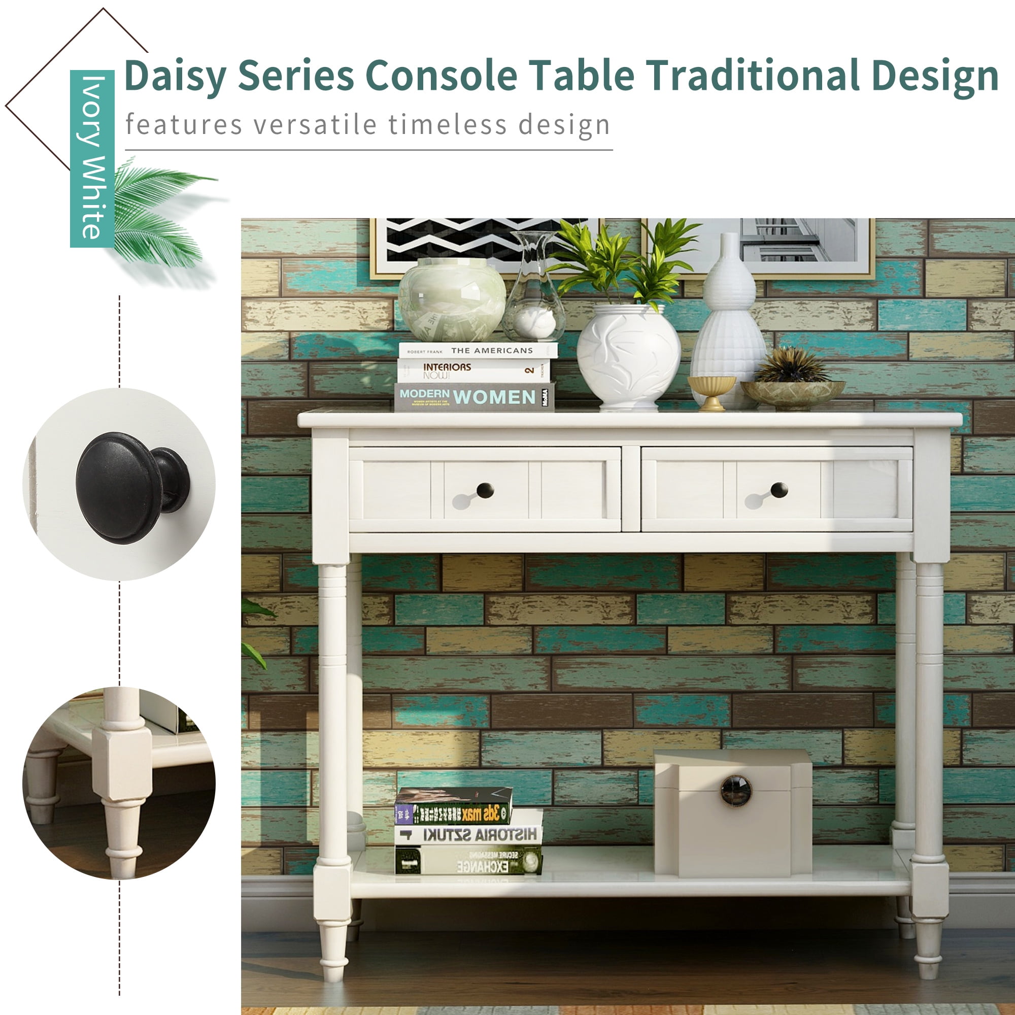 Wooden Console Table with 2 Drawers and Storage Shelf, Sofa Table Entryway Table Side Desk TV Stand for Living Room Hallway,Ivory White