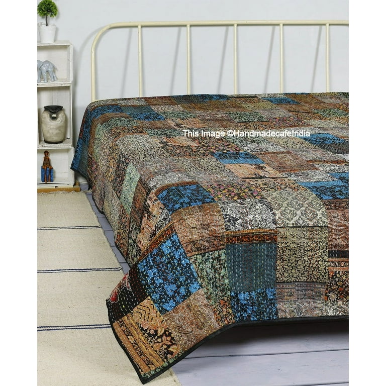 Bedspread Kantha Silk Throw King Size Bohemian Indian Handmade