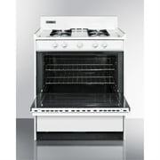 30 wide gas range in white with open burners and spark ignition