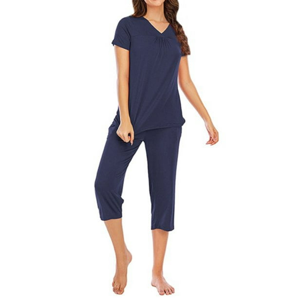 Women Sleepwear Set V Neck Top Pants Modal Pajamas Nightwear, Blue, XXL