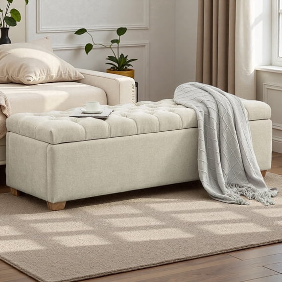 MDQMD 60" End of Bed Storage Bench King Size Beige,Flip Top Storage Bench with Legs,End of the Bed Benches Chenille,Upholstered Benches for Living Room, Bedroom, Entryway