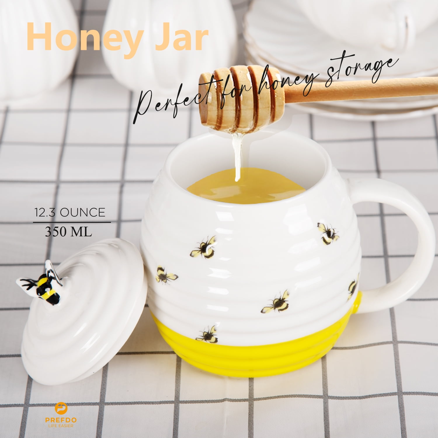Prefdo Ceramic Honey Pot Jar with Wood Drizzler, British Designed Honey Jar With Honey Dipper, Perfect for Honey and Maple Syrup, 350ml