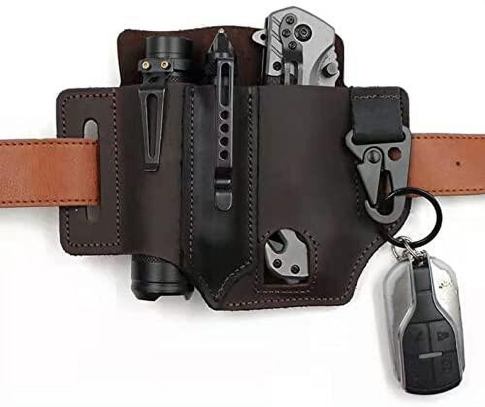Leather Multitool Sheath - Brown EDC Belt Organizer With Flashlight Holder, Key Clip, Pen Loop