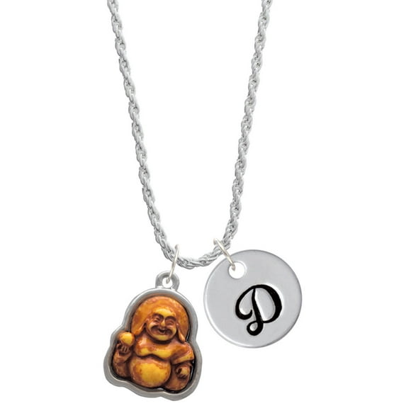 Delight Jewelry Resin Laughing Buddha in Frame Silvertone Script Initial Disc - D - Charm Necklace, 20"+3"