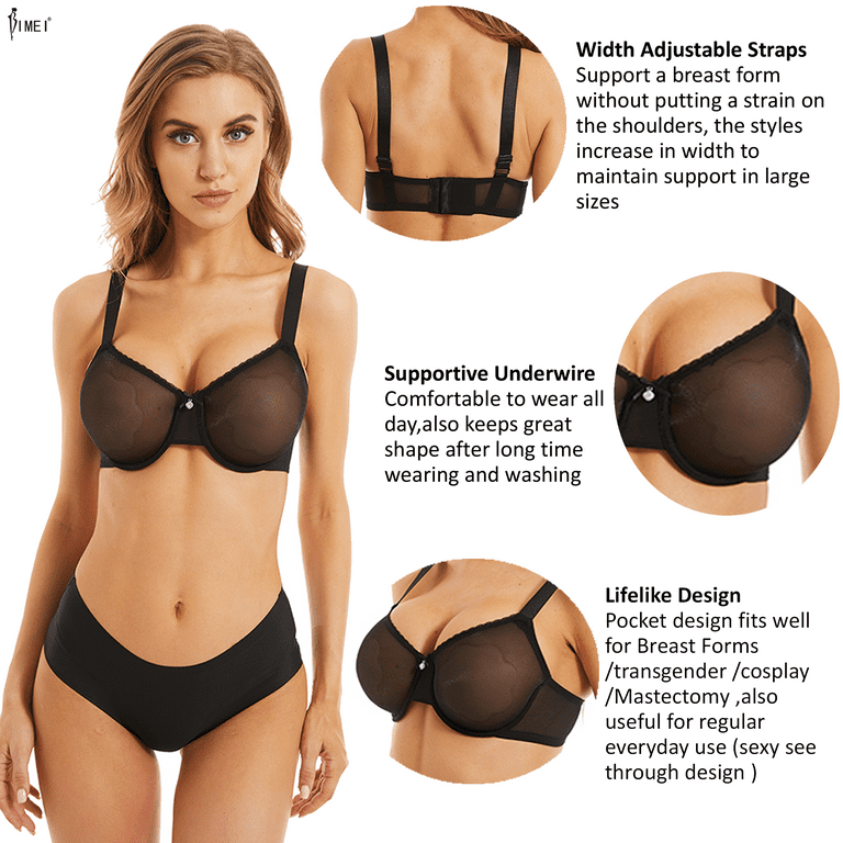 BIMEI See Through Bra CD Mastectomy Lingerie Bra Silicone Breast Forms  Prosthesis Pocket Bra with Steel Ring 9008,Black,38C 