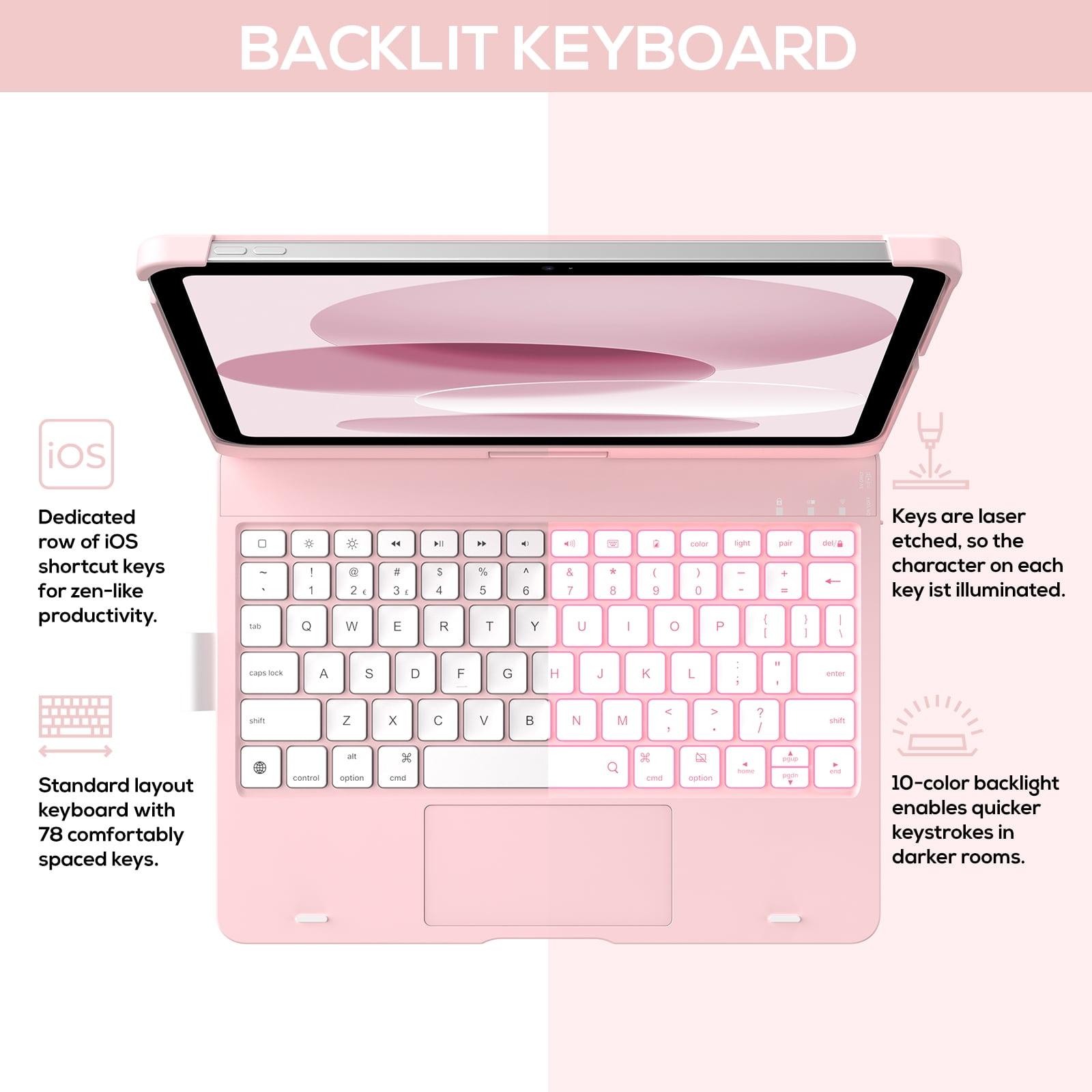 typecase Touch Case with Keyboard for iPad 11th(A16, 2025) & iPad 10th Gen(10.9", 2022), Trackpad, 11 Color Backlight, 360° Rotatable with Pencil Holder - Light Pink