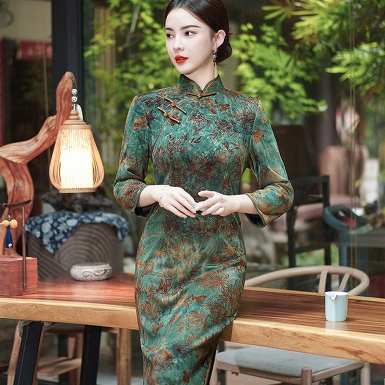 green qipao dress Slccxzc Women's Long Cheongsam XXL Chinese Traditional Elegant Embroidery Evening Costume SS20
