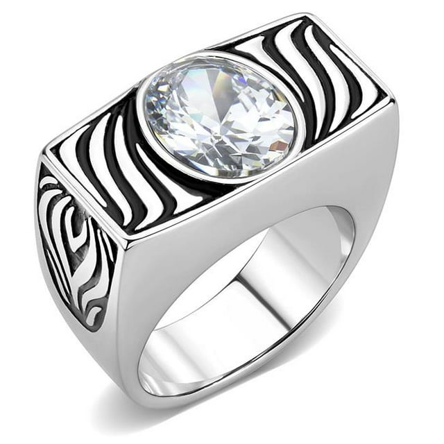 Men High Polished Stainless Steel Ring with AAA Grade CZ in Clear - Size 11