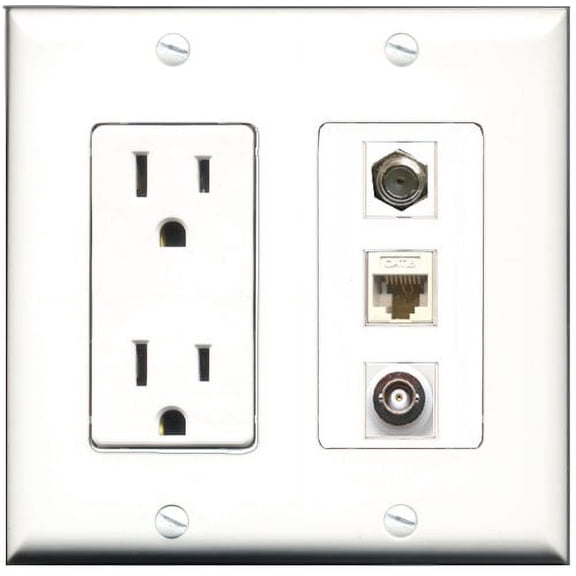 RiteAV - 15 Amp Power Outlet 1 Port Coax 1 Port BNC 1 Port Cat6 Ethernet Ethernet White Decorative Wall Plate