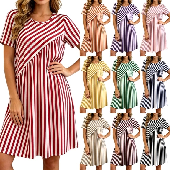 2026 Summer Womens Dress Fashion Striped Short Sleeve Casual Round-Neck Mini Dress