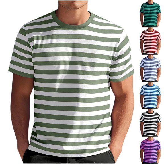 longantii Mens Short Sleeve T-Shirts Striped Casual Crewneck Basic Shirt Color Block Stretch Summer Beach Tees