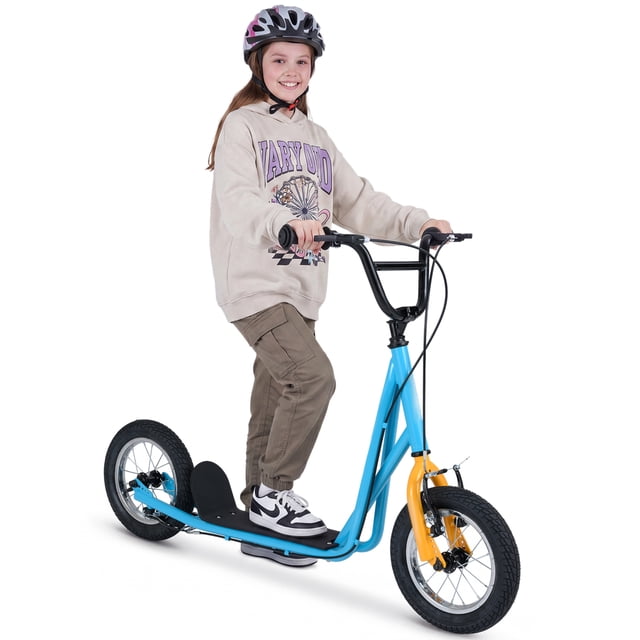 Gymax Kick Scooter Carbon Steel Frame W/12'' Air Filled Wheel Youth Kids Blue & Orange