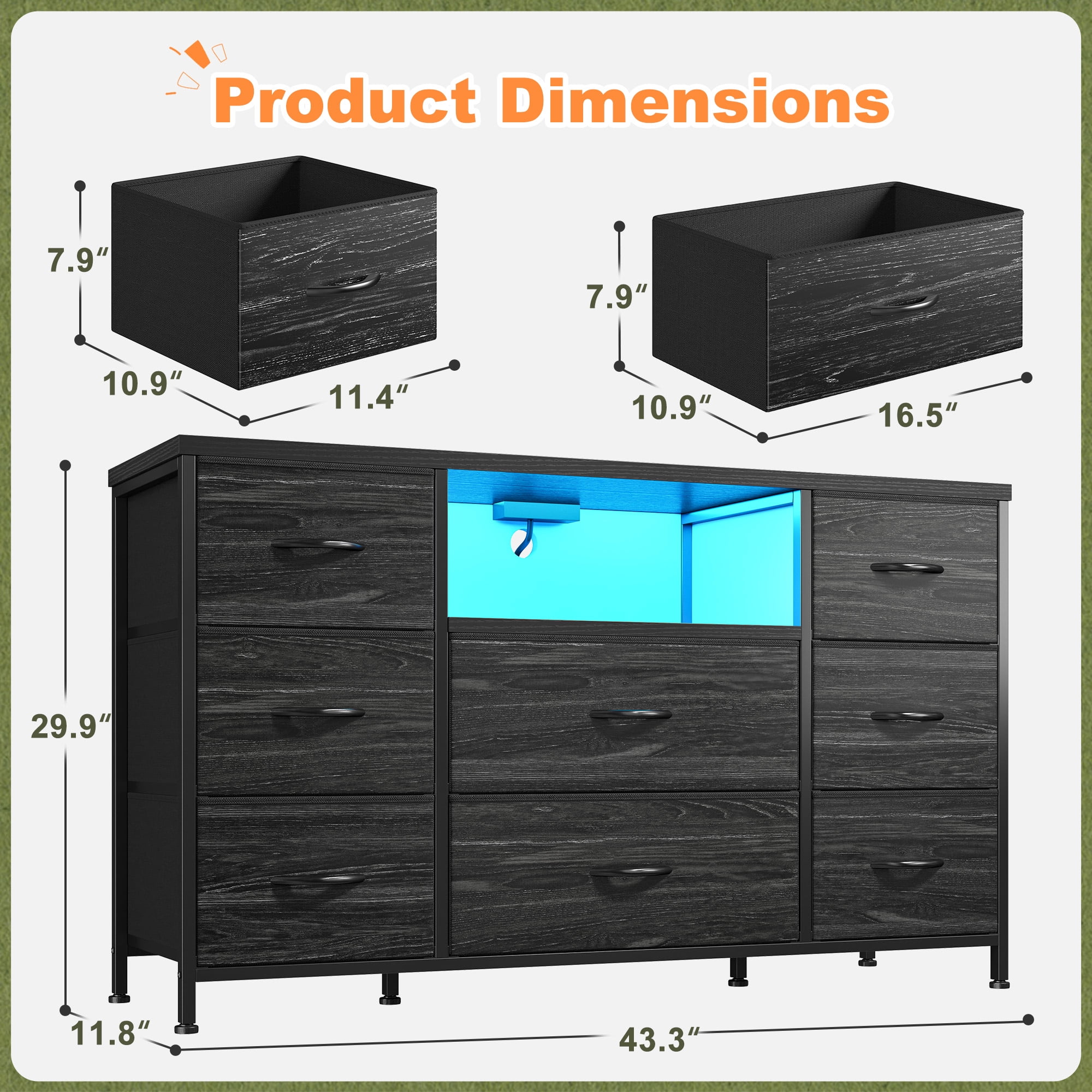 Romorgniz Dresser TV Stand for 55 inch TV with LED Lights & Charging Station Dresser for Bedroom with 8 Drawers, Black