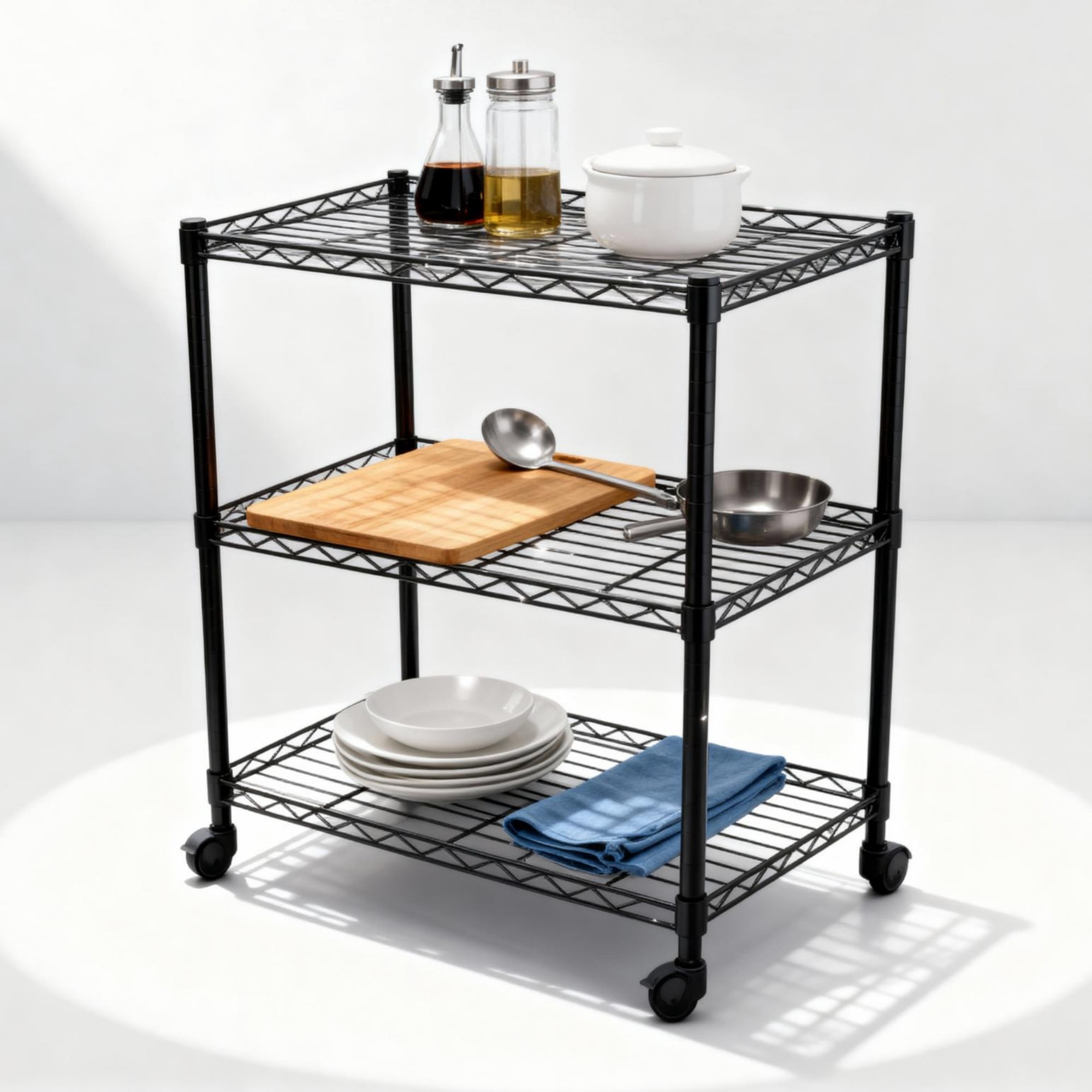 Jopath 3-Tier Shelving Storage Shelves,Steel Organizer Wire Rack with Wheels,Adjustable Storage Units,23" W x 13" D x 30" H,Black