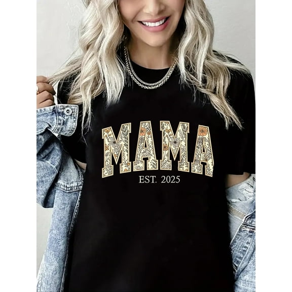Women Crewneck Tshirt Mama Graphic Shirt Casual Pure Cotton Pure Cotton Short Sleeve Black Top