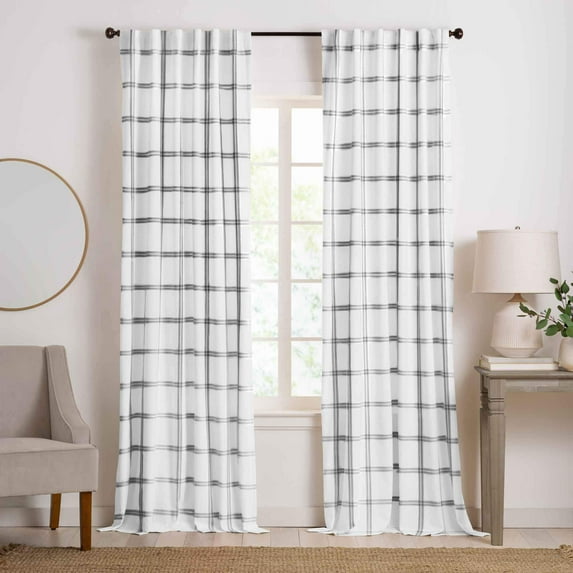 Farmhouse Living Double Windowpane Plaid Room Darkening Window Curtain Panel, White/Black, 52"x95"