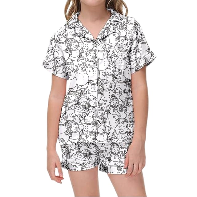 Ensemble de Pyjama pour Filles à Manches Courtes Imprimé DIY avec Col à Revers et Shorts, Boutons Mignons, Respirant, Vêtements de Maison