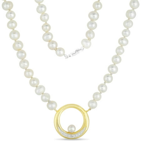 5mm Cultured Freshwater Pearl Strand with Diamond-Accent 18kt Gold-Plated Pendant, 18