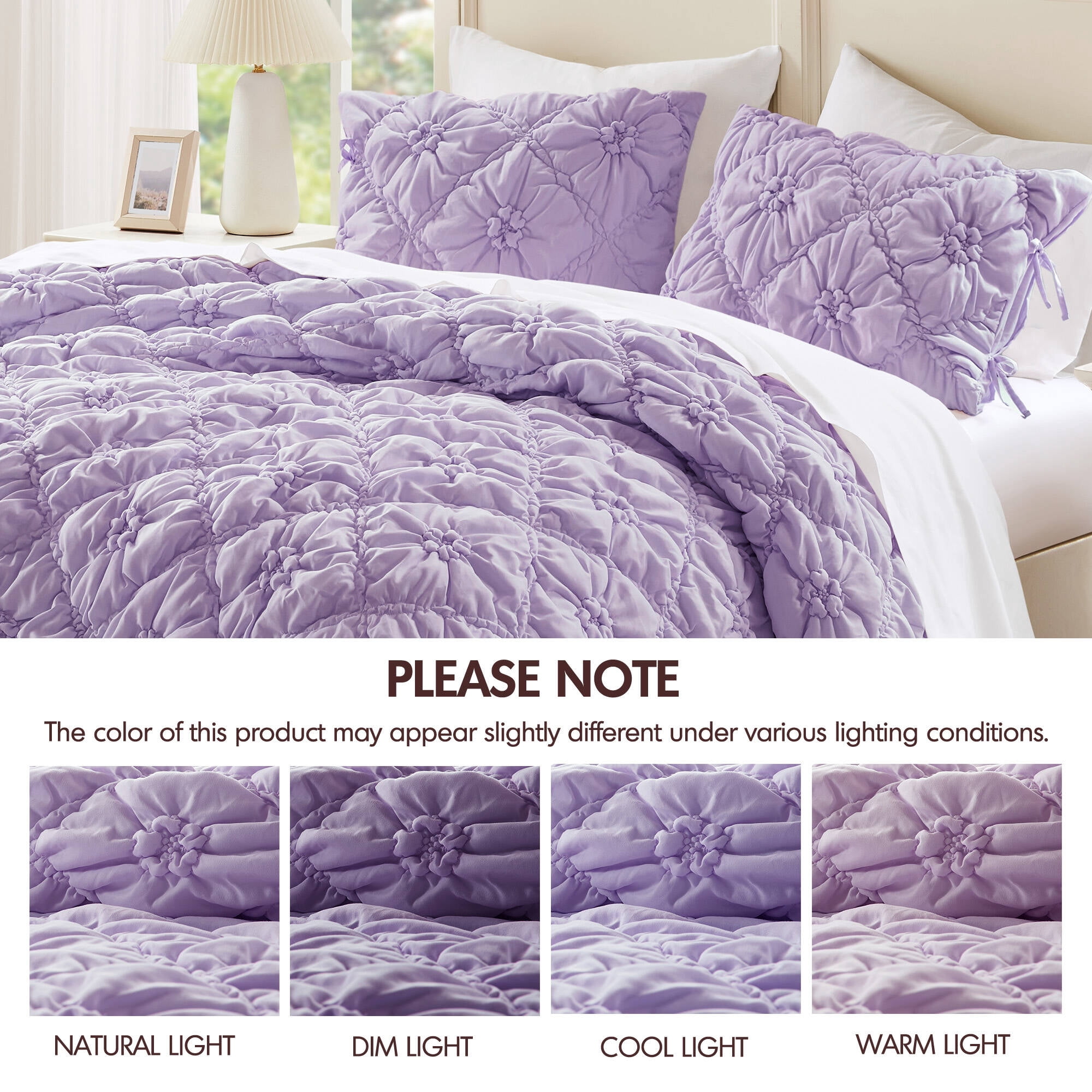 Regency Heights King Textured Floral Comforter Set, Puffy Bow Tie Dorm Bedding Sets, 3-Piece Purple Elastic Ruching Comforter Bed Set with Sham for All Season