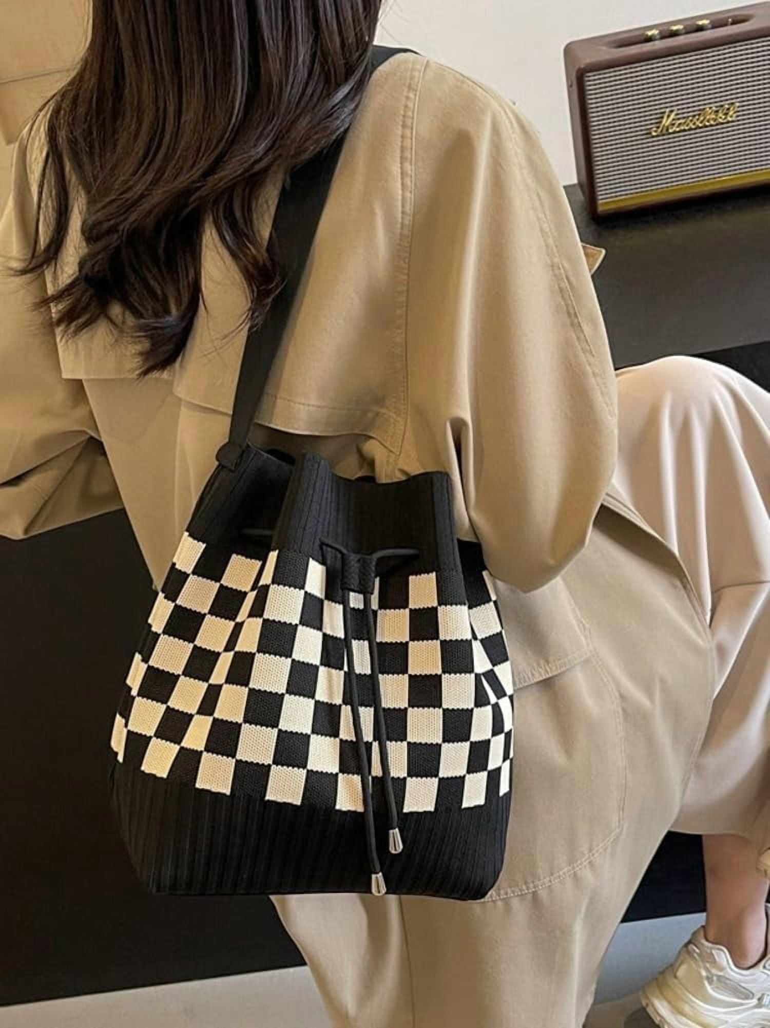 CAILDANL Knit Bucket Bag Women 2025 Trendy Spring Crochet Knitted Drawstring Shoulder Bags Crossbody Purse Geometric Pattern