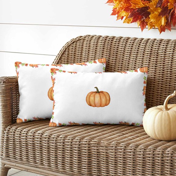 Outdoor Waterproof Throw Pillow Cover Farm Orange Pumpkin Maple Leaves Decorative Pillow Covers 20x12inch Set of 2 Pillows Case, Thanksgiving Fall Harvest Cushion Cases for Sofa Couch Patio Garden