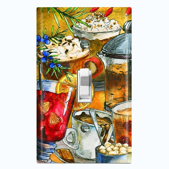 Metal Light Switch Wall Plate Outlet Cover (Coffee Tea Party Kettle Mocha Espresso Drinks - Single Toggle)