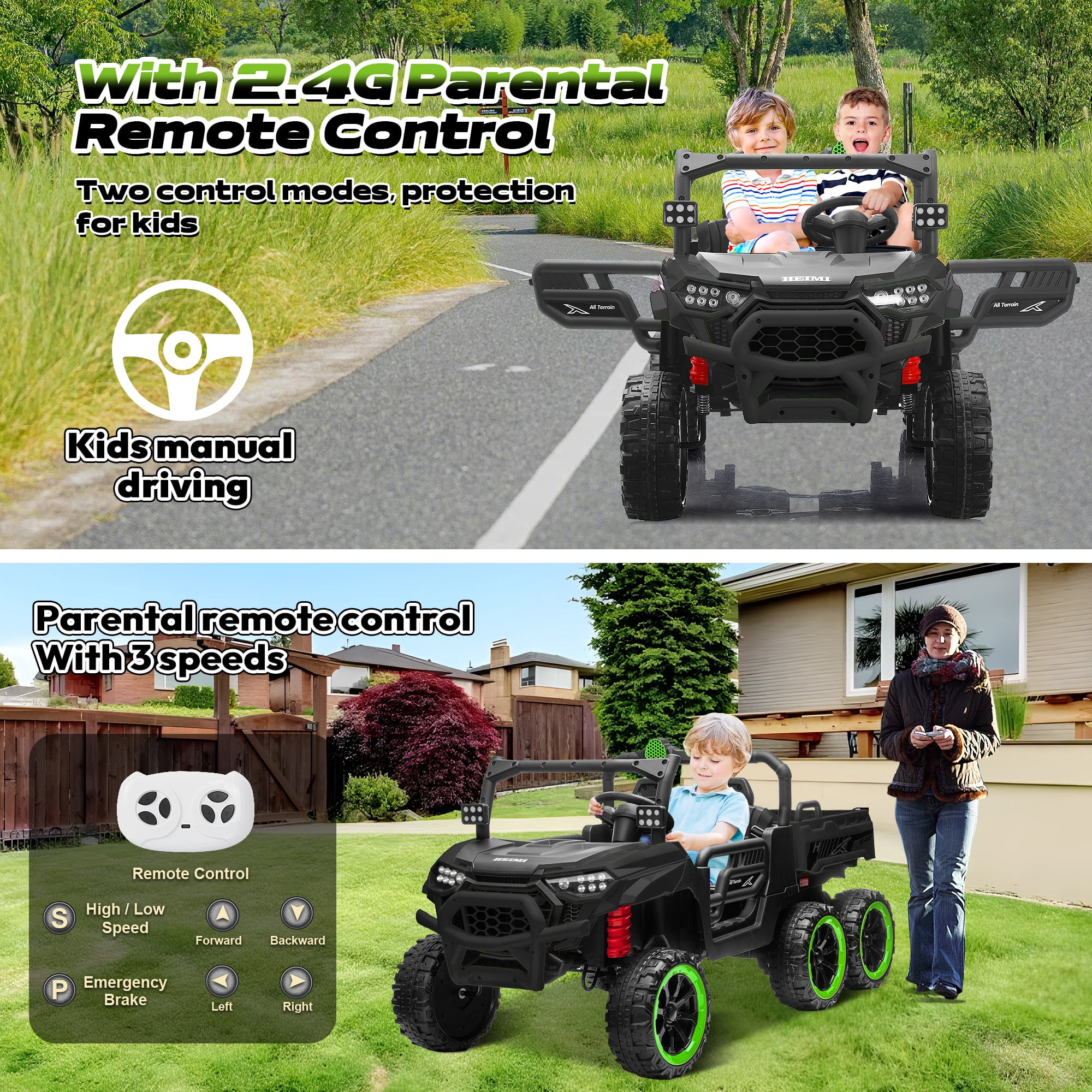 Letsgokid 24V 2-Seater Ride On Dump Truck with Remote Control, 4WD 6-Wheel Electric Car for Big Kids with Electric Dump Bed, 20in Seat, 400W Powerful Motor, LED Lights, Music, Ages 3+
