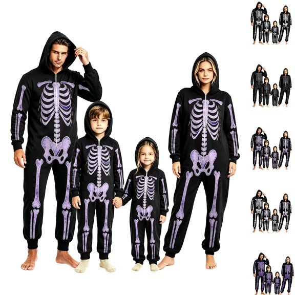 Family Halloween Pajamas Onesie Novelty Skeleton Pajamas Zipper Hooded Jumpsuit Pjs Loungewear Holiday Family Pajamas Nightwear Men