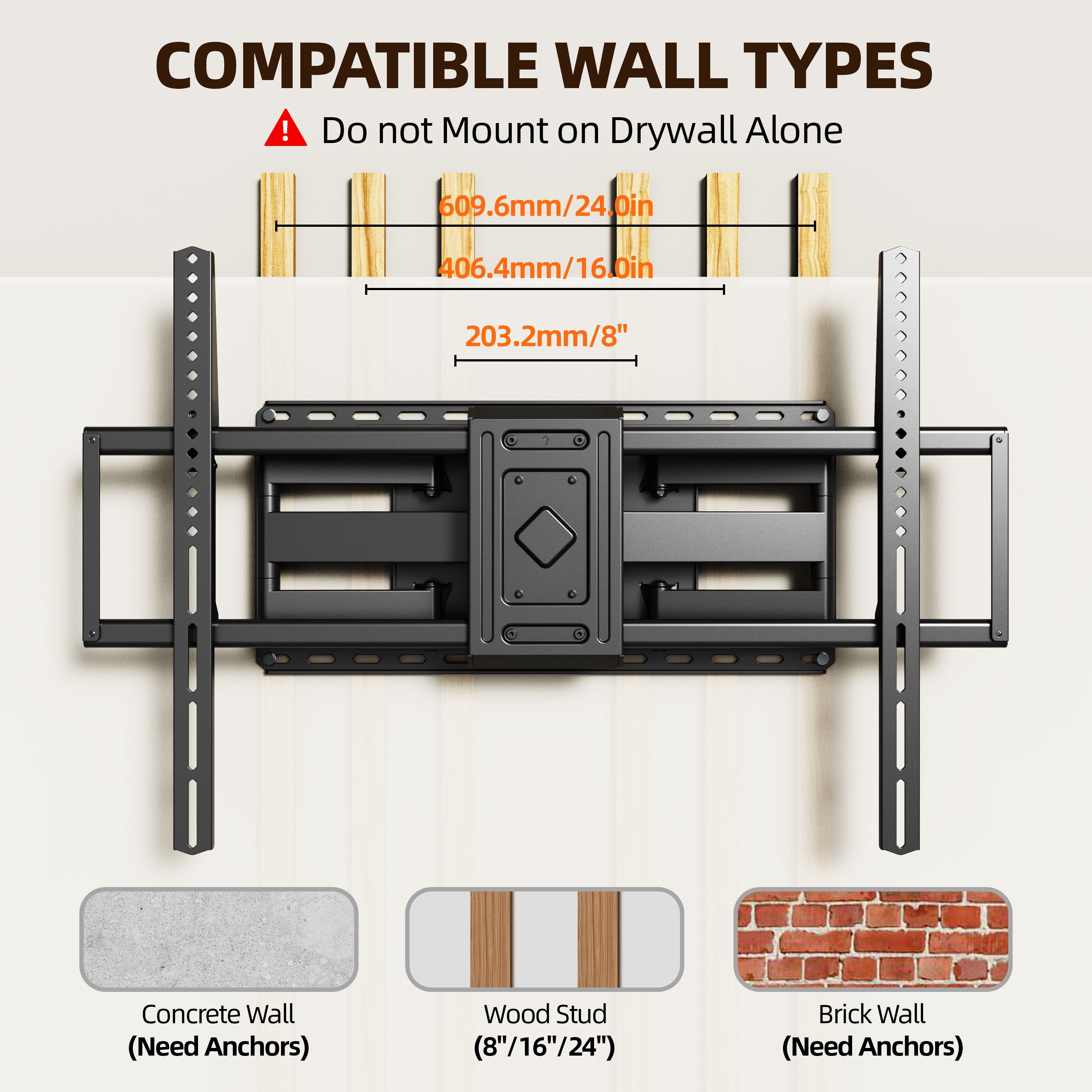 USX MOUNT Dual Arm Full Motion TV Wall Mount Bracket for 42-120 inch TVs, Holds up to 220 lbs, Tilt/Swivel Function, Max VESA 900x600, Fits 12/16/24 inch Studs