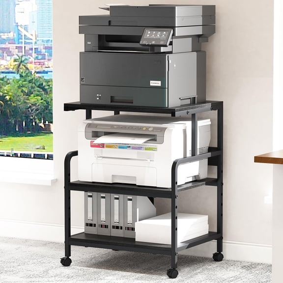 Large Printer Stand with Storage Shelf, 23.6" W x 18.9" D Mobile Printer Cart with Wheels, 3 Tier Table for Home Office, Stands for Heat Press Scanner Fax (Black)